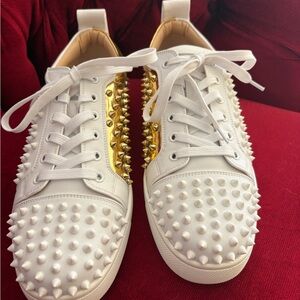 Christian Louboutin White and Gold Studded Sneakers